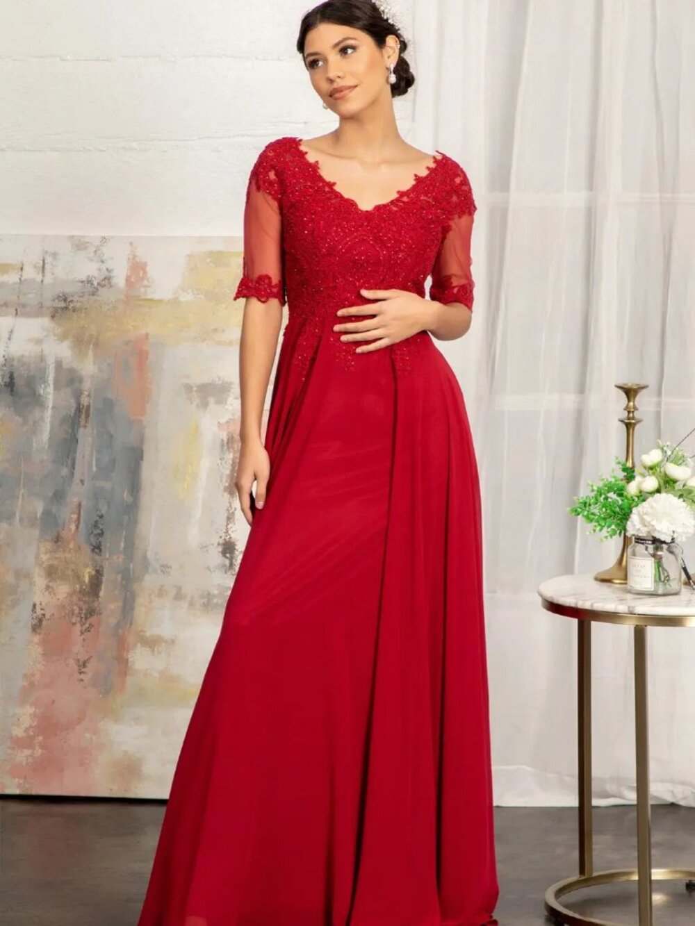 GLS Collective Burgundy Lace-Appliqué Maxi Dress - Picture 2 of 7